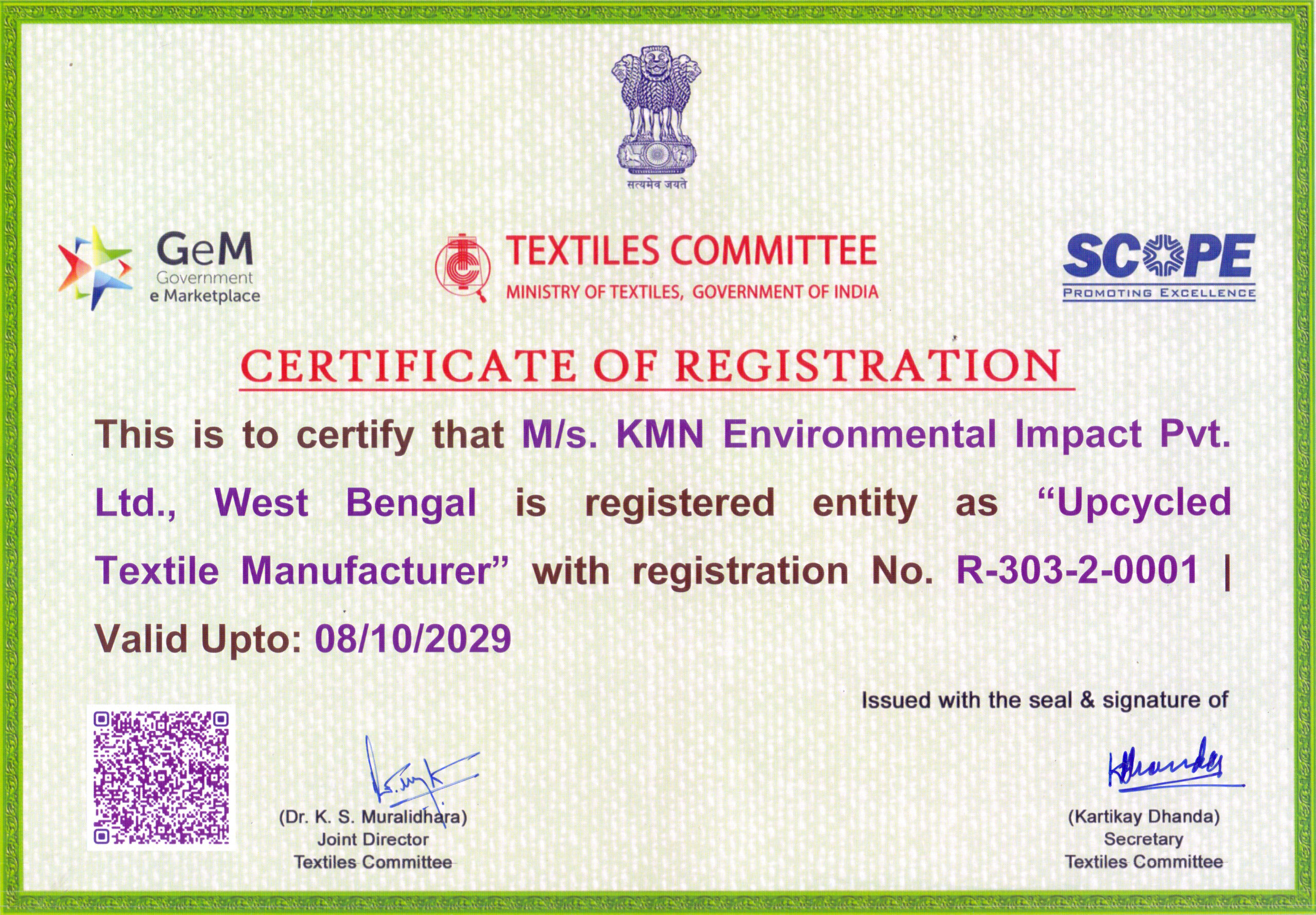 KMN Environmental Impact Pvt Ltd is registered as an Upcycled Textile Manufacturer